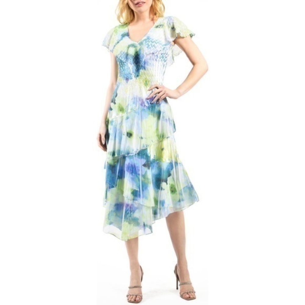 Komarov Watercolor Floral Asymmetric Tiered Flutter Sleeve‎ V-Neck Midi Dress L
